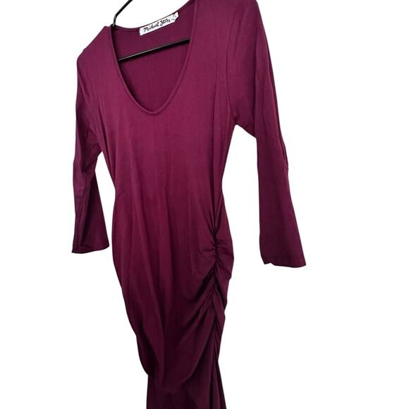 Michael Stars Women's Red Purple Ruched Long Sleeves Midi Dress Size Large - Picture 5 of 9